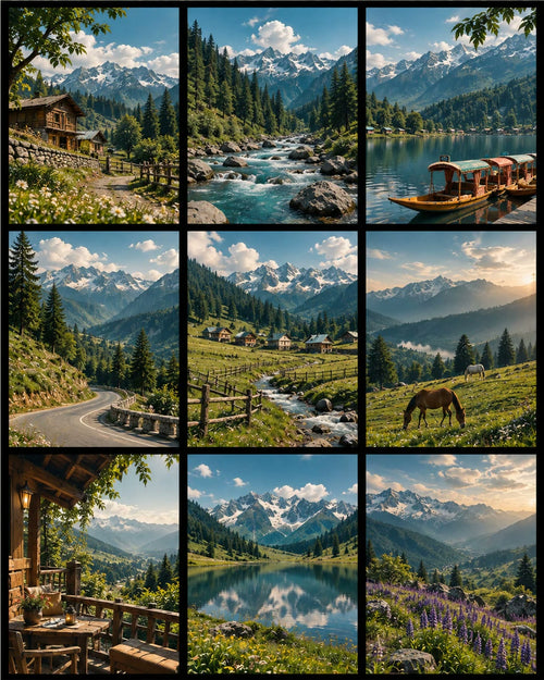Collage of mountain, lake and meadow photos edited with the presets