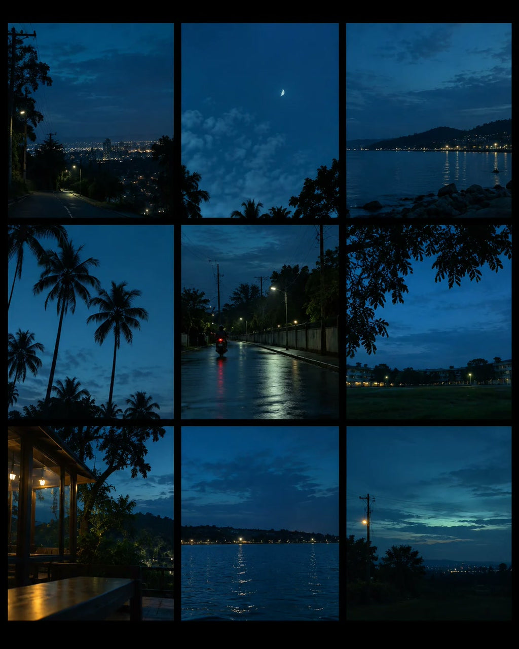 Collage of blue-hour night photos edited with the presets