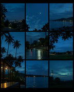 Collage of blue-hour night photos edited with the presets
