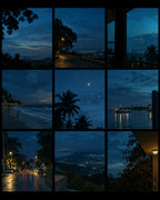 Collage of night city and coast photos edited with the presets